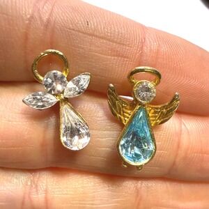 Vintage 1997 PSCO Angel Pins Set Gold Tone Blue Clear Crystal Cherub Brooches